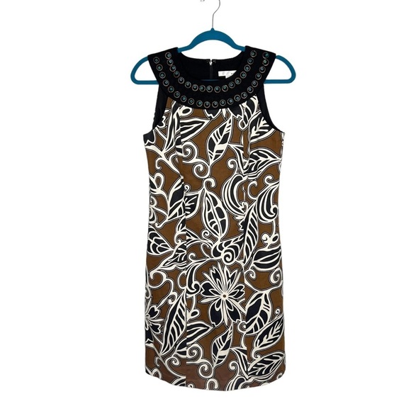 NWT WD.NY Brown Black Leaf Scroll Print Embellished Neckline Sheath Dress - Picture 1 of 15